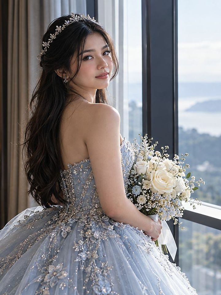 First Frost Collection: a debutante in an ice-blue gown by a window