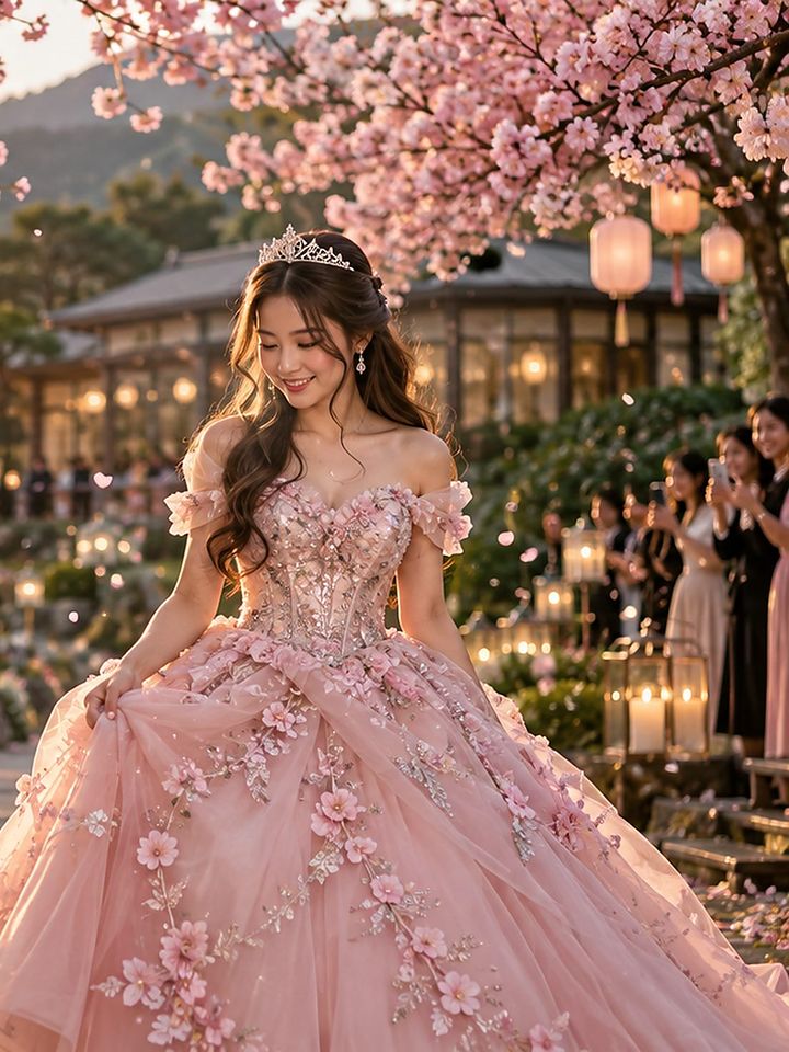 Sakura 18 Collection: a debutante in a blush gown under cherry trees