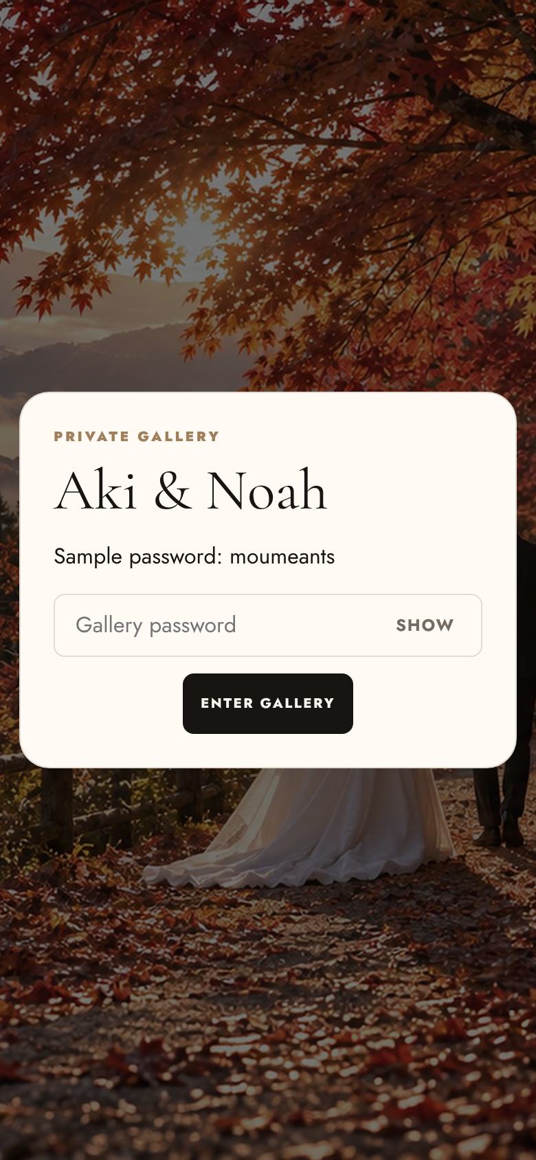 The gallery password screen with the couple's names