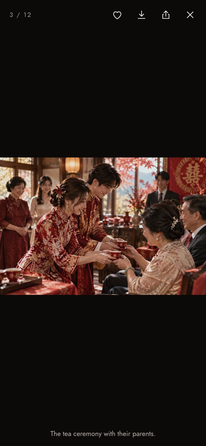 A photo opened full screen with favorite and download buttons