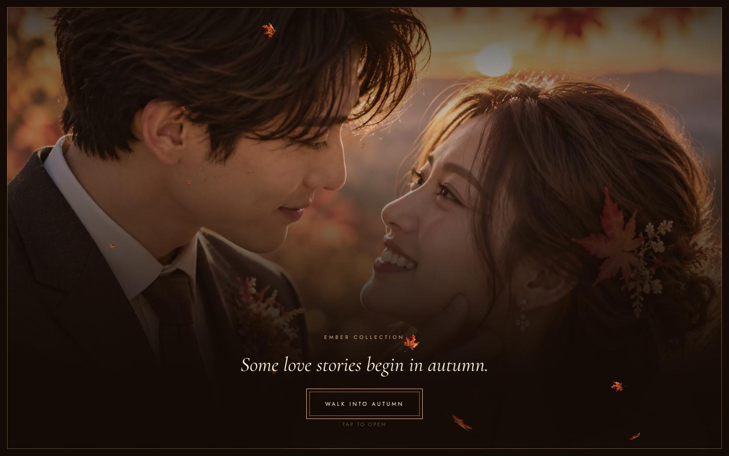 The opening screen with the couple and a Walk into autumn button (computer)