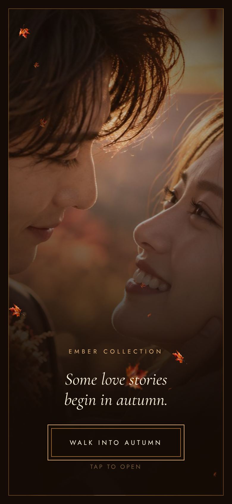 The opening screen with the couple and a Walk into autumn button