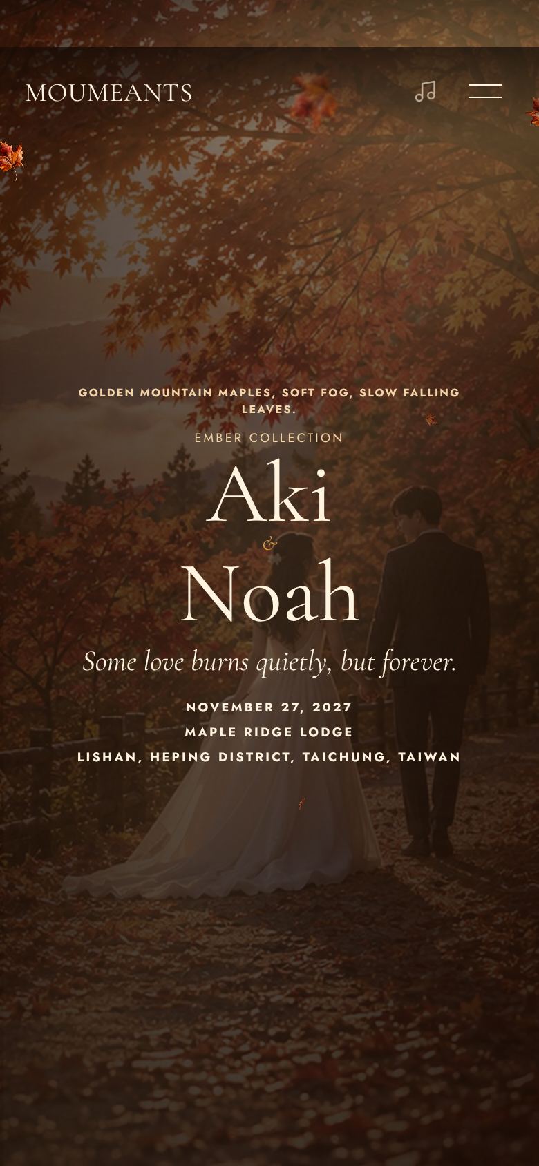 The welcome screen with the names Aki and Noah, date and venue